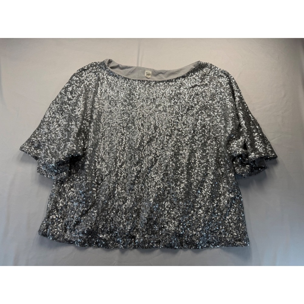 Gap Women Silver Sequin Top Short Sleeve Party Blouse L/XL Holiday Sparkle Shiny